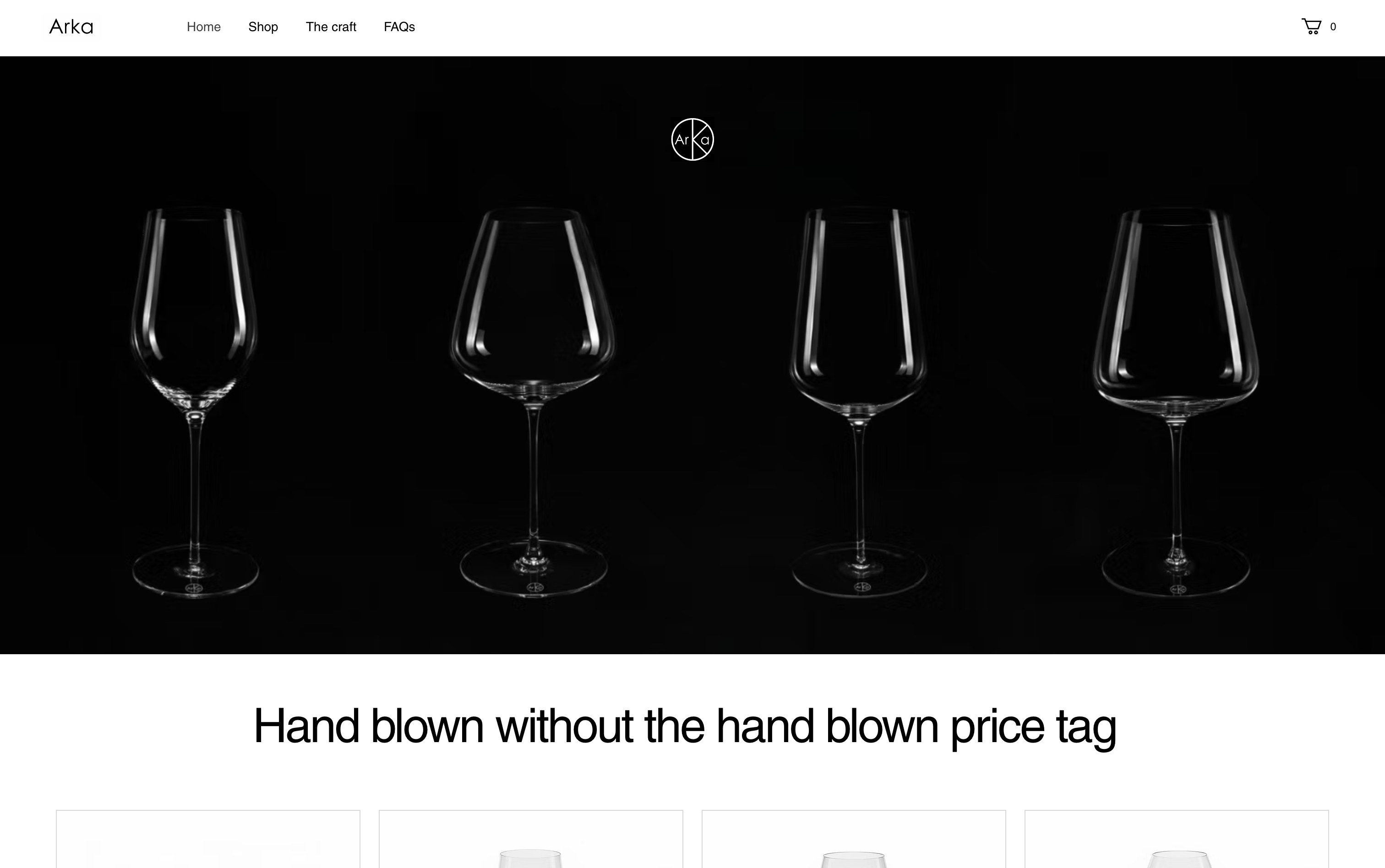 Arka Glassware - E-Commerce homepage screenshot